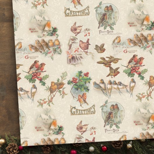 Charming Vintage Kerstvogels en Holly Tissuepapier