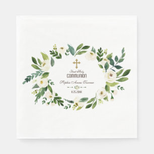 Charming White Floral Wreath Heilige Communie Servet