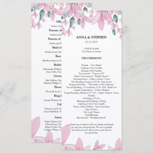 Charming Wisteria Floral Wedding Programme (Devant / Derrière)