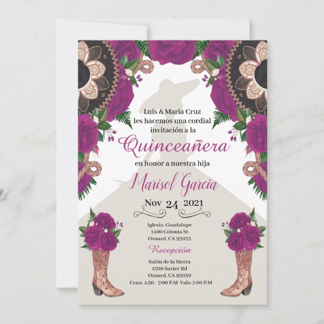 Charra Quinceanera Invitation, Purple Mariachi (Voorkant)