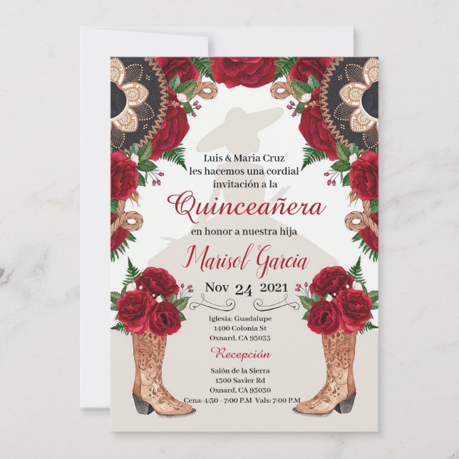 Charra Quinceanera Invitation, Red Roses Mariachi (Voorkant)