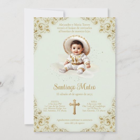 Charro Baptism Invitation - Garçon - Sage & Or (Devant)