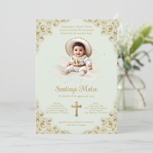 Charro Baptism Invitation - Garçon - Sage & Or (Debout devant)