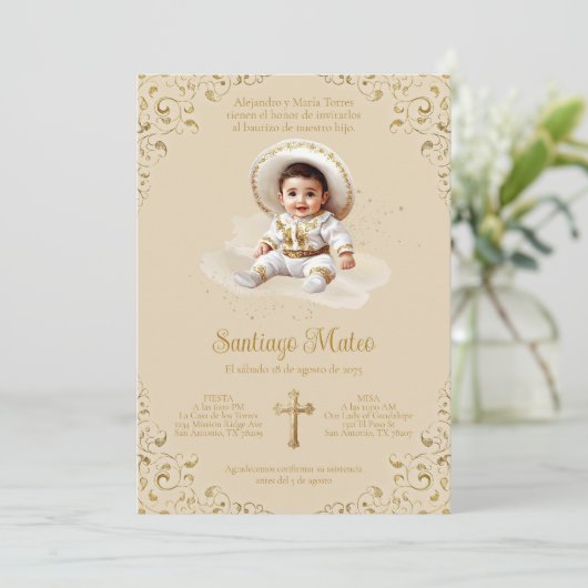 Charro Baptism Invitation - Garçon - Tan & Or (Debout devant)