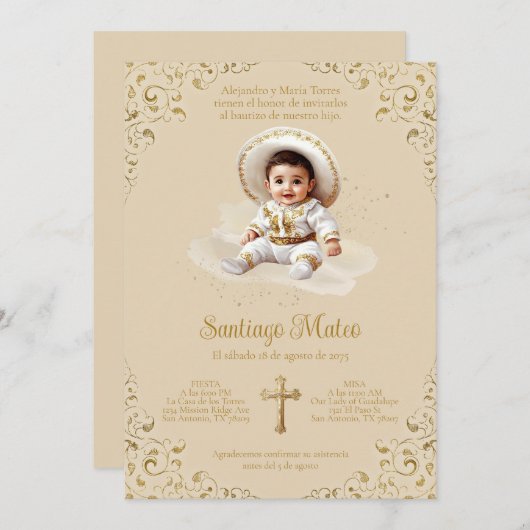 Charro Baptism Invitation - Garçon - Tan & Or (Devant / Derrière)