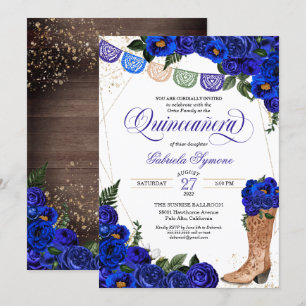 Charro Rustic Cowgirl Boots Blue Rozen Quinceañera Kaart