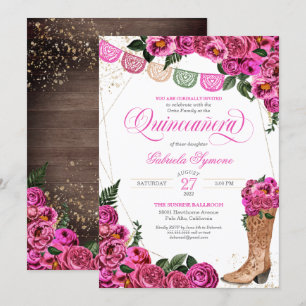 Charro Rustic Cowgirl Boots Pink Rose Quinceañera Kaart