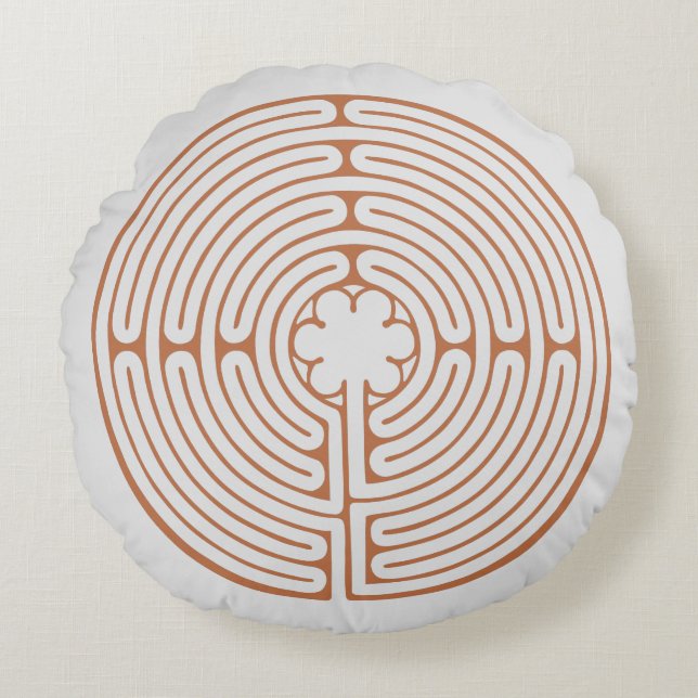 Chartres Labyrinth Bruin en Crème Rond Kussen (Voorkant)