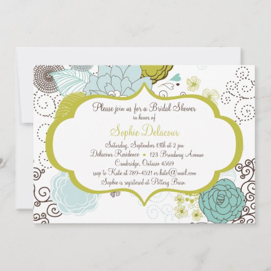 Chartreuse & Blue Floral Bridal Douche Invitation (Devant)