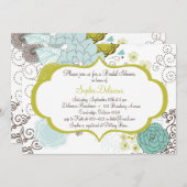 Chartreuse & Blue Floral Bridal Douche Invitation (Devant / Derrière)