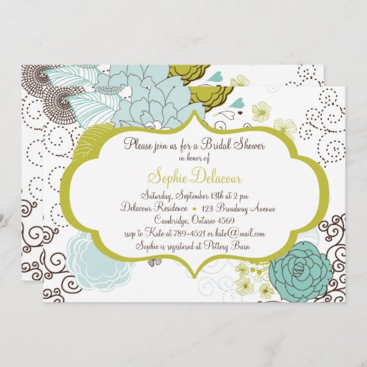 Chartreuse & Blue Floral Bridal Douche Invitation (Devant / Derrière)