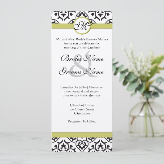 Chartreuse Damask Monogram Weddenschap Kaart (Staand voorkant)