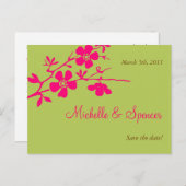 Chartreuse en roze bloesems redden de data aankondigingskaart (Voorkant / Achterkant)