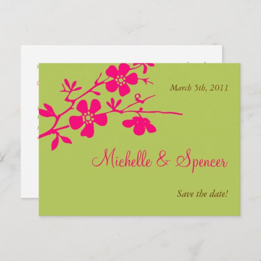 Chartreuse en roze bloesems redden de data aankondigingskaart (Voorkant / Achterkant)