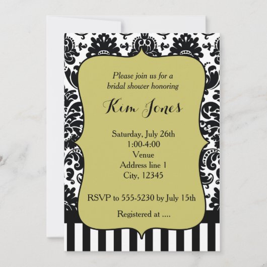 Chartreuse Green Black White Damask Invitation (Devant)