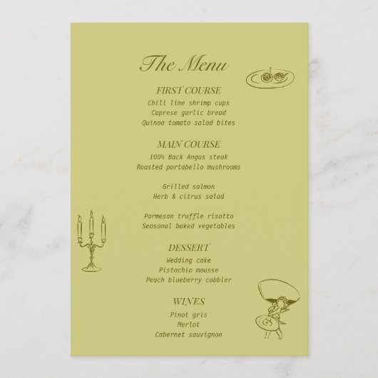 Chartreuse Olive Green Menu Mariage illustré (Devant)