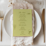 Chartreuse Olive Green Menu Mariage illustré<br><div class="desc">Carte mariage illustrée Chartreuse et vert olive avec typographie d'inspiration vintage et illustrations dessinées à la main de figues,  porte-bougie et chérube tenant un verre de vin.</div>