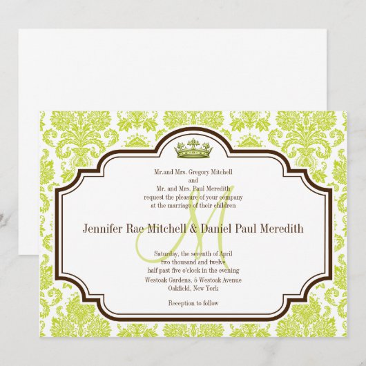 Chartreuse romantique Mariage damassé Invitations (Devant / Derrière)