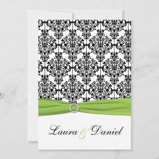 Chartreuse, White, Black Damask Wedding Invitation Kaart (Voorkant)