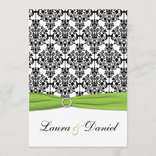 Chartreuse, White, Black Damask Wedding Invitation Kaart