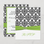 Chartreuse, Witte en Zwarte Damasten Antwoordkaart RSVP Kaartje (Voorkant / Achterkant)