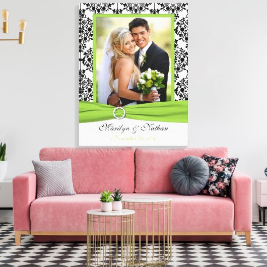 Chartreuse, zwart, wit, Damask Wedding Canvas (Insitu (Woonkamer))
