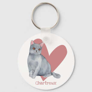 Chartreux Cat Waterverf Kat Roze hart Sleutelhanger