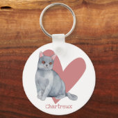 Chartreux Cat Waterverf Kat Roze hart Sleutelhanger (Voorkant)