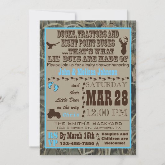Chasse Camo Baby Boy Shower Invitations Blue Trac (Devant)