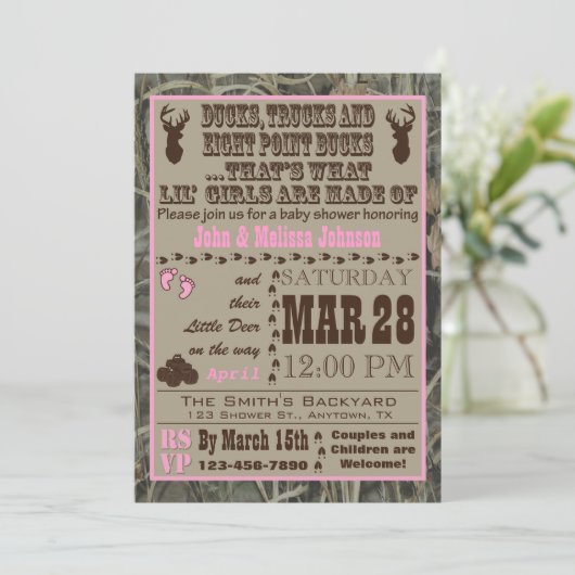 Chasse Camo bébé fille douche Invitations (Debout devant)