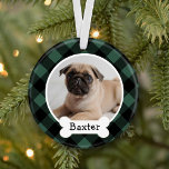 Chasseur Buffalo Plaid Personnalisé Animal Chien C<br><div class="desc">Personnalisez ce chasseur festif de buffle vert et noir vérifier la conception de l'ornement plaid avec une photo de votre chien chiot avec leur prénom sur la plaque d'identification monogramme de l'os du chien. Un grand cadeau de conservation pour les amoureux de les chiens, pour célébrer le premier Noël d'un...</div>