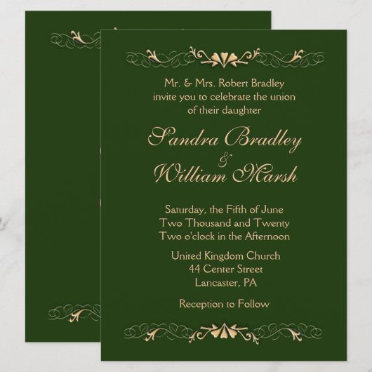 Chasseur Faire-part de mariage vert et or (Devant / Derrière)