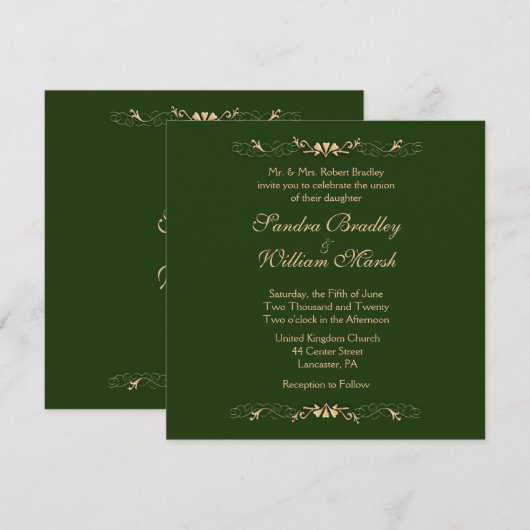 Chasseur Faire-part de mariage vert et or (Devant / Derrière)