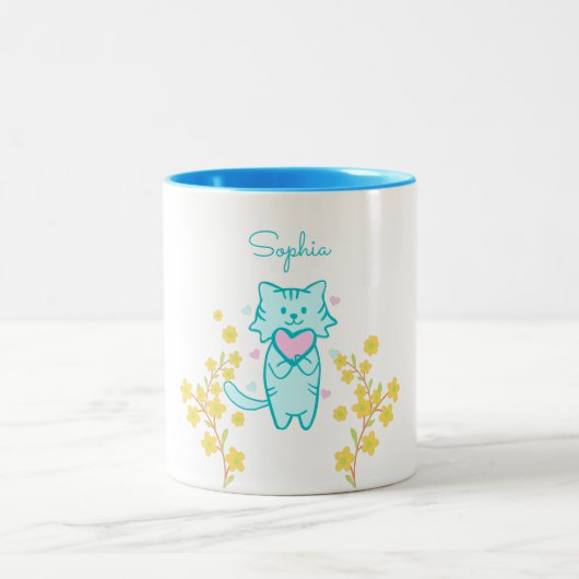 Chat à fleurs mignonne et Mug à café à deux tons c (Centre)
