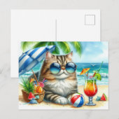 Chat à la plage et cocktails Carte postale (Devant / Derrière)