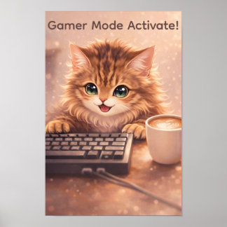 Chat Anime Joueur sur Clavier Affiche