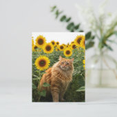Chat au gingembre mignon dans Sunflower Carte post (Debout devant)