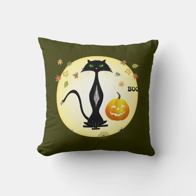 Chat aux yeux verts avec le citrouille, coussin (Recto)