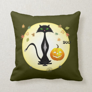 Chat aux yeux verts avec le citrouille, coussin
