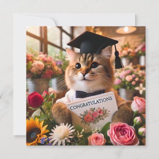 Chat avec fleur avec carte Félicitations (Devant)