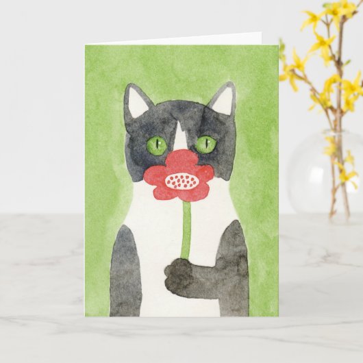 Chat avec la carte de note de fleur (Fleur jaune)