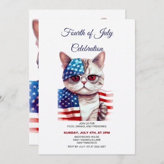 Chat avec lunettes 4 juillet Invitations (Devant / Derrière)
