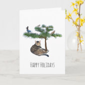 Chat avec oiseaux dans l'arbre Carte de vacances (Fleur jaune)