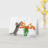 Chat avec Orange Tulips Carte d'anniversaire (Fleur jaune)