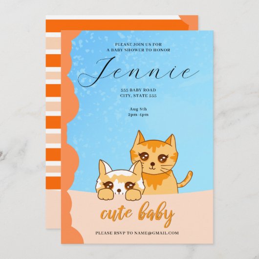 chat bébé mignon, baby shower Invitation (Devant / Derrière)