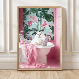 Chat Blanc dans la Baignoire Impression, Affiche D
