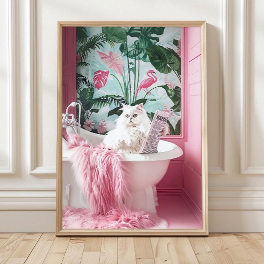 Chat Blanc dans la Baignoire Impression, Affiche D