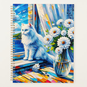Chat blanc dans le rebord de fenêtre Vue sur l'océ