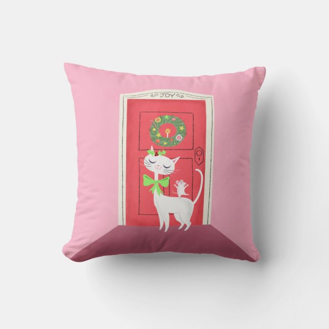 Chat blanc de Noël rétro et souris | Coussin décor (Recto)