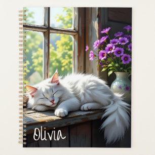 Chat blanc dormant et fleurs violettes Personnalis